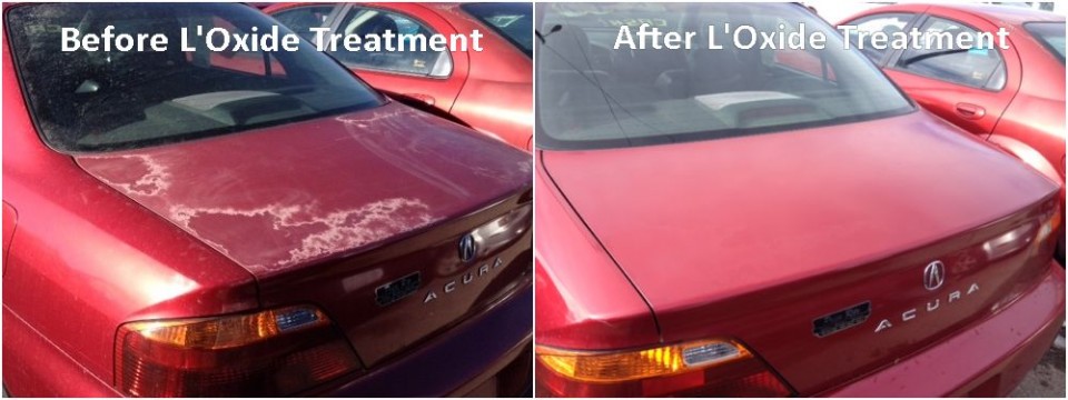 Photos showing severely oxidized car paint and clear coat failure before and after applying oxide reducing emulsion to the trunk of a red Acura sedan.