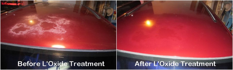 Photos showing severely oxidized car paint and clear coat failure before and after applying oxide reducing emulsion to the roof of a red Eagle Summit.
