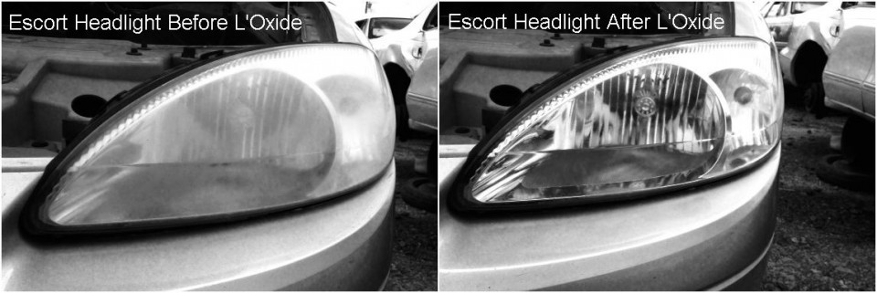 Cleaning headlight lens and removing cloudy oxidation from a late model Ford Escort using L'Oxide