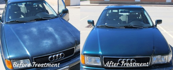 Photos showing severely oxidized car paint and clear coat failure before and after applying oxide reducing emulsion to the hood of a black Honda.