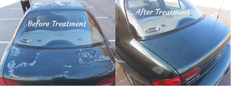 Photos showing oxidized and faded car paint before and after applying oxide reducing emulsion to the hood of a Volkswagen.